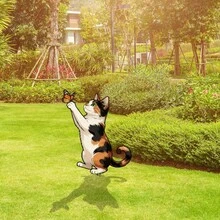 2D Flat, 1pc Acrylic Cat Chasing Butterfly Garden Decor Stake, Cute Animal Decoration For Outdoor Patio, Lawn, Garden - A - View 3
