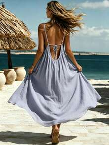 Vestido casual de mujer de unicolor, de tela tejida, con espalda descubierta y lazo, para playa y vacaciones de verano - Lila Púrpura - Ver 4