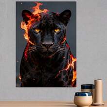 1 Póster de Pantera Negra en Llamas - Marco de Madera Sólida, Impresión Moderna Retro de Pantera, Lienzo Envoltorio Adecuado para Sala, Dormitorio, Decoración de Casa de Campo - Listo para Colgar, Regalo para Fiestas (Navidad, Día de la Madre), 2D Plano - Enmarcado - Ver 3