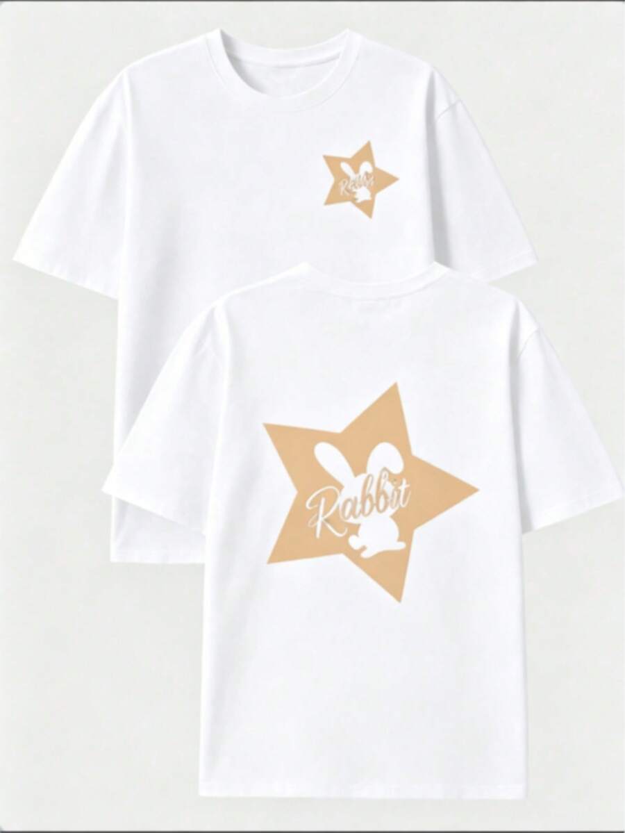 1 Piece Package: Men's 100% Cotton Crew Neck T-Shirt, Casual Style With Letter Print And Rabbit Design On Both Sides - Summer Short Sleeve T-Shirt, Crew Neck, Rabbit Design On Front And Back, Regular Fit, Suitable For Gym, Outdoor Activities And Daily Wear - Easy Clean Summer Essential, Daily Casual Outfit, Versatile Men's T-Shirt. - 白色 - 查看 1