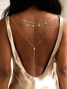 1 Piece Of Elegant And Sparkling Sea Blue Rhinestone And Shell Pendant Tassel Double Layered Y-Shaped Gold Back Chain For Women, Bohemian Style White Faux Pearl Prayer Beads And Light Blue Rhinestone Y-Shaped Double Layered Gold Long Necklace For Women, Fashionable And Charming Ocean Element Shell Back Chain Summer Party Jewelry For Girls, Suitable For Women To Wear All Year Round, Minimalist Style Gold Double Layered Back Chain For Girls - Gold - View 3