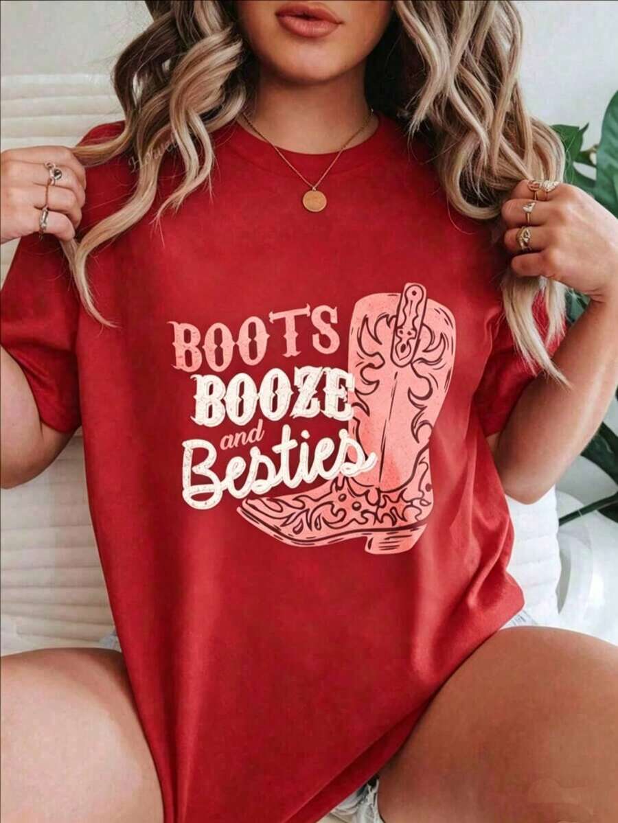 Boots Booze And Besties Cowboy Boot Women's Fashionable Print Casual T-Shirt Suitable For All Seasons-Black2026 Long Tops Forwomen - 紅色 - 查看 1