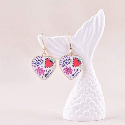 1 Pair Devil's Eye & Heart Flower Dangle Earrings, Party Jewelry Decoration For Women