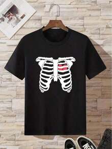 Casual Blouses For Women. Men's Casual T-Shirt With Skeleton Heart Print. Men's T-Shirts. Suitable For Spring, Summer And Autumn. Women's T-Shirts. - 黑色 - 查看 4