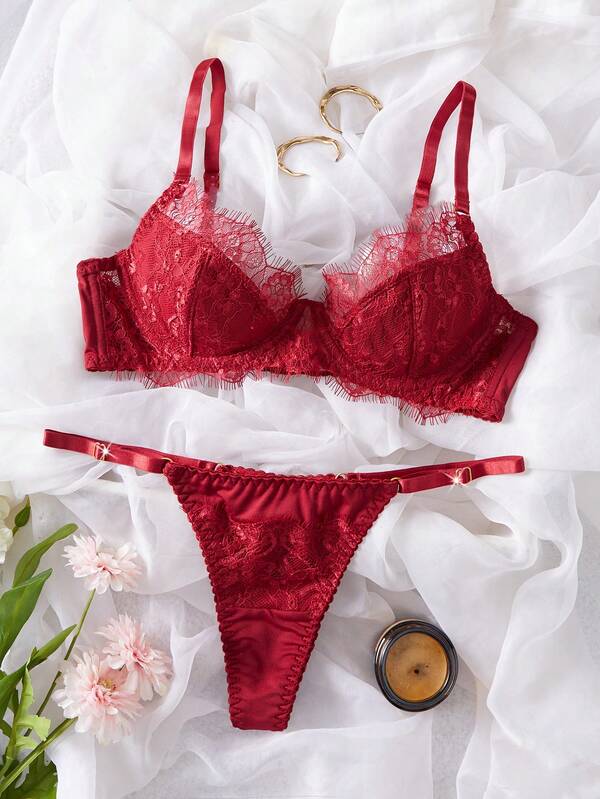 Bestselling Wine Red Lace Lingerie Set, Eyelash Lace Trim Underwire Bra + Panty, Sexy European Style Intimate Apparel
