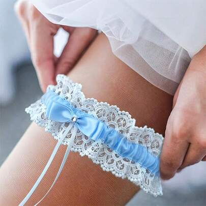 Dây nịt cô dâu ren trắng, dây nịt đính đá hình nơ, dây nịt chân cưới cho cô dâu, trang phục dự tiệc.