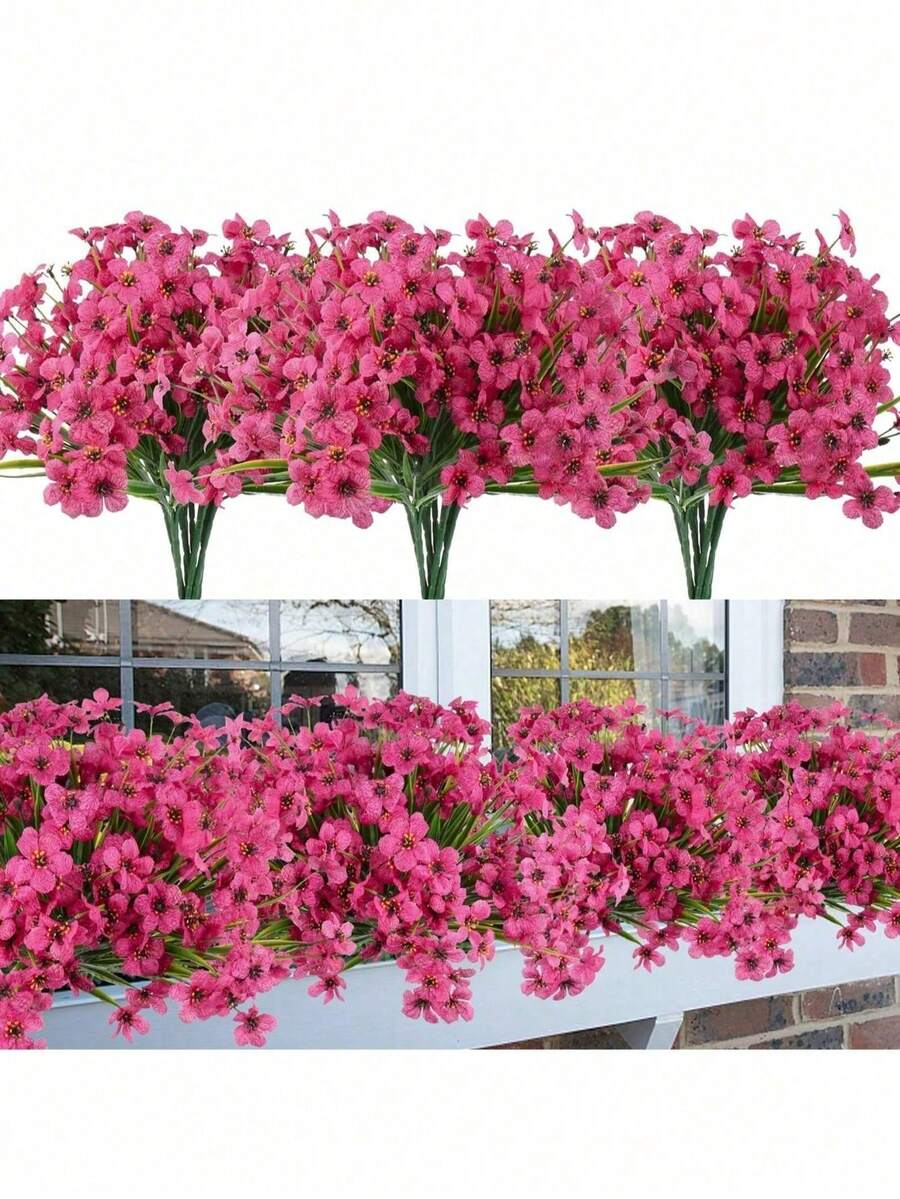 1 pièce Fleur artificielle rose d'extérieur, fleurs en plastique fausses, arbuste vert, fleurs en soie rouges, convient pour les jardinières suspendues, les vases de porche extérieur - Rose vif - Voir 1