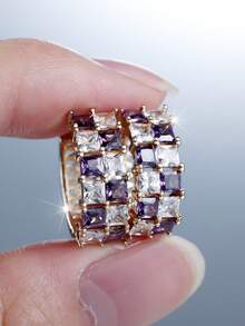 1Pair Modern Golden CZ Earrings, Dainty Princess Cut Two-Tone Style, Everyday Jewelry, Elegant Gift - Golden-purple - View 1