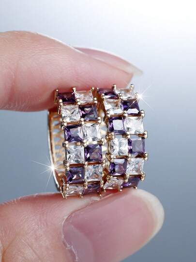 Vanel 1Pair Modern Golden CZ Earrings, Dainty Princess Cut Two-Tone Style, Everyday Jewelry, Elegant Gift