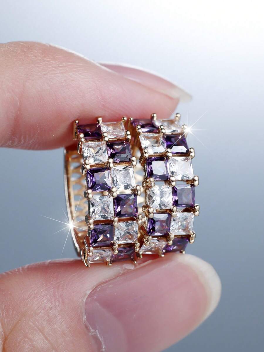 1Pair Modern Golden CZ Earrings, Dainty Princess Cut Two-Tone Style, Everyday Jewelry, Elegant Gift - Golden-purple - View 1