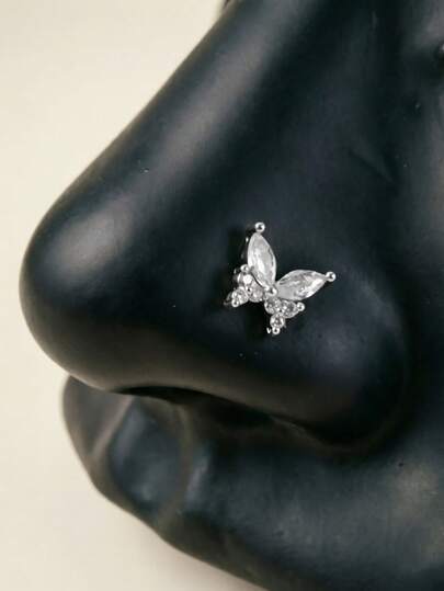 1 pieza Pendiente de nariz con colgante de mariposa de circonita cúbica, joyería de piercing de nariz en forma de L linda para mujeres
