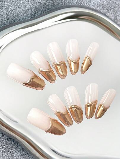33mm Handmade Oval French Luxury Nail Art, Handcrafted, Gold Mirror Pink, Nude Color, Elegant, Creative, Versatile, Shiny, Suitable For Wedding, Party, Outdoor, Beach, Daily, Holiday, Gathering, Work And Special Occasions - 10pcs/Bag