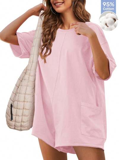 Women's Oversized Romper Casual Loose Fit Short Sleeve Summer Jumpsuit With Pockets Beach Vacation Everyday Wear