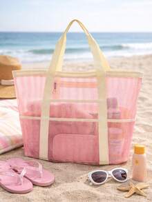 Orange Mesh Beach Tote Bag With Zipper Pocket, Large Capacity Transparent Net Grid Shopping Bag, Lightweight Summer Pool Travel Handbag, Can Hold Towel, Sunglasses, Sunscreen, Casual Holiday Picnic Gym Daily Use Tote - Multicolor - View 9
