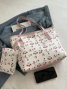 2026 Nuova moda Borsa a tracolla casual da donna con grande capacità, stampa a ciliegie e farfalle con fiocco - Rosa - Visualizzare 8