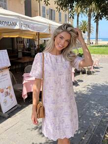2026 Summer New Arrival French Elegant White Midi Dress, Luxury Embroidery Round Neck Vacation Style Short Dress For Women - Mauve Purple - View 4