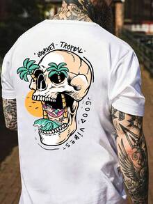 Men's 180gsm Heavyweight 100% Cotton T-Shirt - Tropical Skull Graphic Print, Regular Fit, Casual Summer Sport T-Shirt For Outdoor Activities, Breathable Crew Neck Design, Outdoor T-Shirt | Eye-Catching Graphic Tee | Comfortable Fit T-Shirt - 白色 - 查看 9