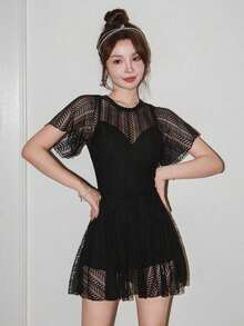 Women's Summer Beach Vacation Round Neck Ruffle Hem Casual Swimsuit Dress - Negro - Ver 8