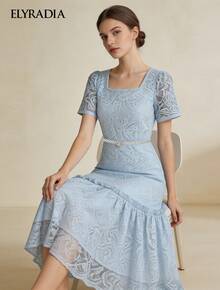 Đầm maxi ren thanh lịch, thích hợp mặc công sở mùa hè; Đầm dạ hội/dự tiệc cưới màu xanh thời trang cổ vuông, chân váy xếp ly. - Rửa nhẹ - Xem 1