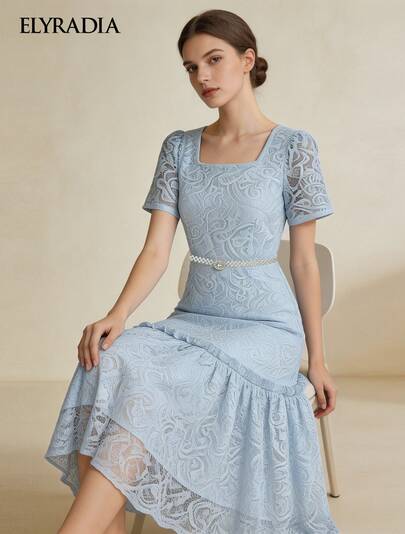 ELYRADIA Elegant Lace Maxi Dress, Summer Office Wear; Fashionable Blue Square Neck Party Wedding Ruffle Hem Evening Gown