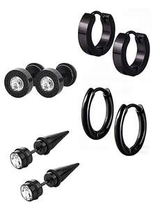 4对不锈钢黑色圈形耳环，男女通用耳环套装 - 4 對不鏽鋼黑色耳環套裝 - 查看 3