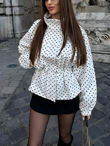 Casual Vintage Polka Dot Bomber Jackets Sashes Slim Turtleneck Women Jacket Festival Elegant Simple Holiday Outwear Streetwear Y2K Girl Jacket White - White - View 5