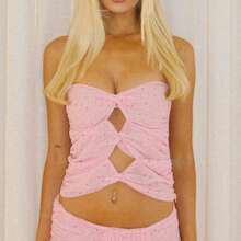 Vestido Maxi Brillante de Malla sin Tirantes con Recortes Y2K - Vestido Ajustado con Aberturas Transparentes y Fruncido para Fiesta - Rosa - Ver 1
