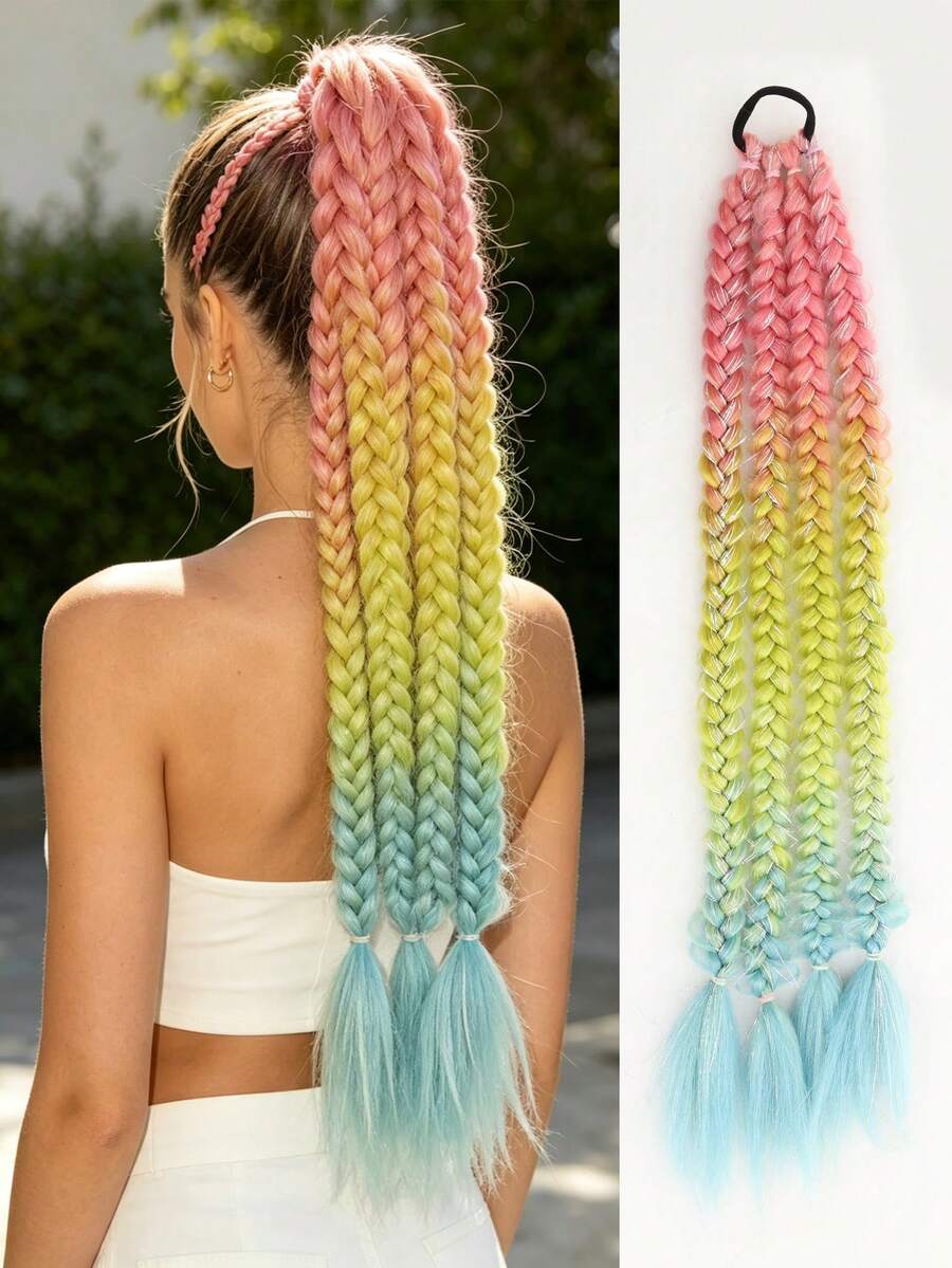 Ponytail Extension With Hair Tie 24 Inch Colored Hair Extensions For Braiding Colorful Ombre Pony Tail Hair Extensions For Braids Rainbow Festival Rave Crazy Hair Day 1 Pack (Pink Yellow Blue) - Multicolor - View 1