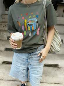 Women's Short-Sleeved, Round-Neck T-Shirt With Crayon Print, Casual Everyday Wear In White - Breathable High Quality - 深綠色 - 查看 2