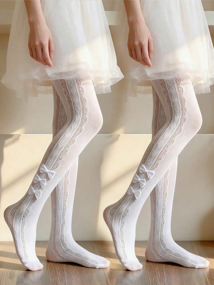 2/1pc Girls White Tights, Princess Style Leggings With Heart Pattern & Bow Decor, Cute Mesh Stockings, Soft Comfortable Breathable Versatile Leggings, Suitable For Princess Dress, Holiday Gift, Daily Wear, Stage Performance, School Activities - White - View 12