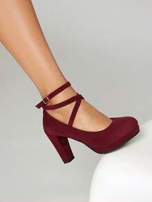 Versatile Chunky Heel Strap Pumps, Round Toe, Solid Color, Suitable For Commuting And Party, Spring/Autumn - Burgundy - View 5