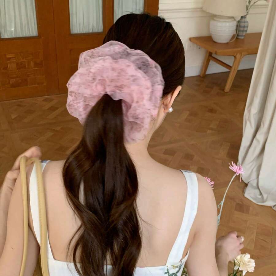 女款韓式風格粉色碎花大腸圈髮飾,適用於日常、居家、學校、海灘、辦公室、派對、假期、生日、開學、新年、情人節、母親節、聖誕節、婚禮、音樂節、畢業典禮,春夏馬尾髮圈彈力橡皮筋 - 彩色 - 查看 1