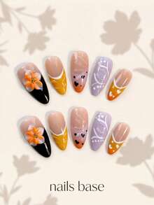 NAILS BASE 10件/組 粉色杏仁形長款法式漸層漸變甲油膠假指甲，附玫瑰紅花朵，杏仁形甲片，適合辦公場合的中性華麗風，日式手工 P - 彩色 - 查看 3