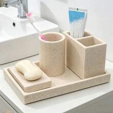 Bộ phụ kiện phòng tắm, Bộ tủ lavabo họa tiết đá sa thạch, Bình đựng xà phòng cầm tay, Cốc đựng xà phòng, Khay đựng xà phòng, Khay đựng bàn chải đánh răng - màu cát - Xem 5