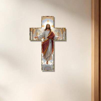 1件复古彩色2D金属十字架墙饰，教堂风格壁挂装饰品，客厅玄关耶稣装饰，卧室浴室墙面装饰，教堂纪念品礼物