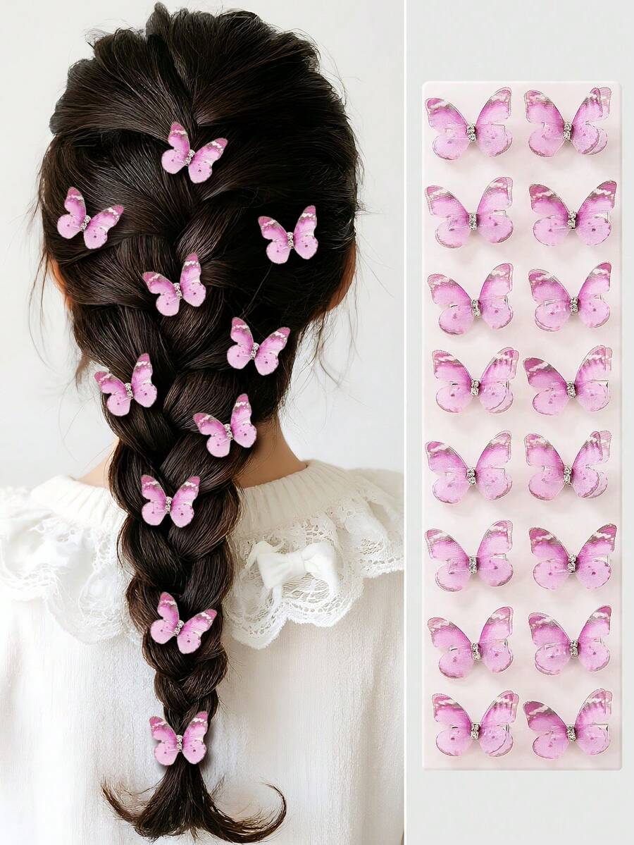 Set de 10 pinzas para el cabello de niña con doble capa de gasa con brillantes en color púrpura con diseño de mariposa, accesorios para el cabello de estilo princesa, para flequillo/lateral - Morado - Ver 1