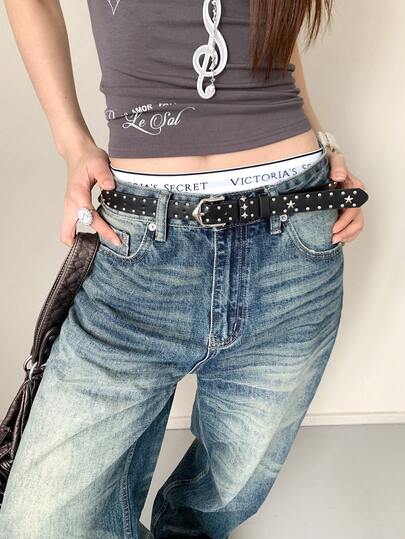 1pc Black PU Material Star Decor Double Row Rivet Street Style Casual Belt