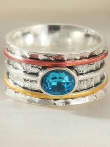 Women's Wide Band Ring, Vintage Tri-Color Design, Inlaid With Blue Synthetic Cubic Zirconia, Creates Party Atmosphere - Multicolor - View 11