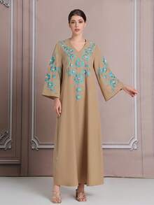 Khaki Embroidery, Middle Eastern Style 3D Holographic Embroidery, Rhinestone-Encrusted Elegant Robe/Coat,Kaftan Robe, Abaya Robe BC4648(Custom Design) - Camel - View 1