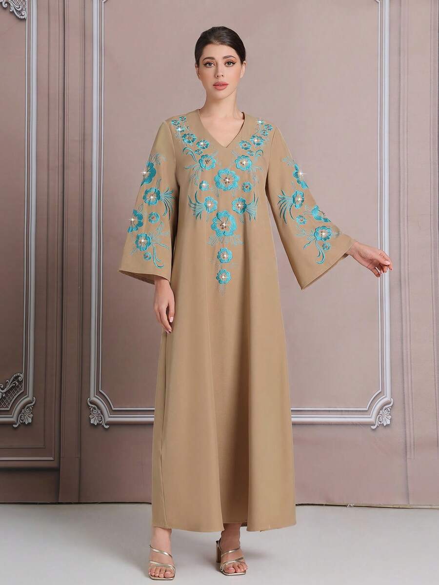 Khaki Embroidery, Middle Eastern Style 3D Holographic Embroidery, Rhinestone-Encrusted Elegant Robe/Coat,Kaftan Robe, Abaya Robe BC4648(Custom Design) - Camel - View 1