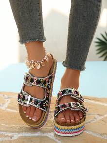 2026 Spring/Summer New Women's Sandals, Double Strap With Rhinestones, Fashionable Thick Sole Slippers, Random Floral Patterns, Essential For Vacation & Beach, Suitable For All-Day Wear - Black - View 5
