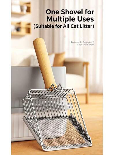 Xẻng hốt cát vệ sinh cho mèo bằng thép không gỉ, lưới mịn, có móc treo, dễ mang theo, tay cầm bằng gỗ, đầu xẻng rộng và phẳng, các cạnh được mài nhẵn để tránh làm trầy xước khay vệ sinh của mèo.