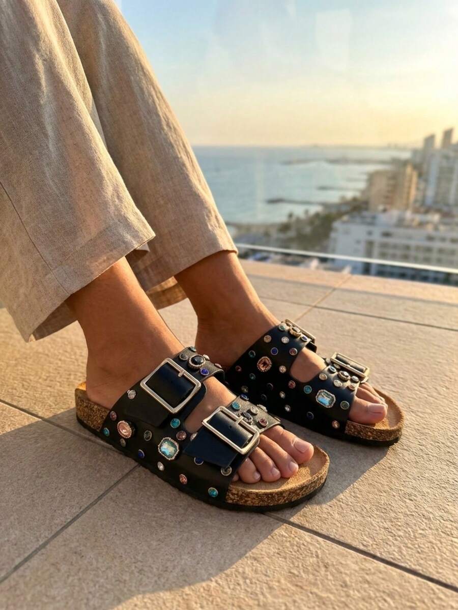 Sandalias de doble correa y punta abierta, zapatillas de verano para primavera, para vacaciones de primavera y Pascua - Negro - Ver 1