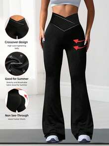 女士交叉腰带喇叭裤，高弹力打底裤，休闲宽松瑜伽阔腿裤，健身休闲运动裤 - 黑色 - 查看 2