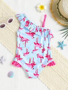 Bộ đồ bơi liền thân in hình chim hồng hạc, viền bèo nhún, thích hợp cho bơi lội, vui chơi trên bãi biển và các hoạt động dưới nước khác dành cho bé gái. - Màu xanh nhạt - Xem 2