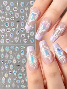 FULL BEAUTY Iridescent Aurora Vintage Lace Bohemian Totem Gemstones Nail Stickers Bow Heart Mirror Necklace Baroque Court Style Y2K Nail Supplies For Women & Girls DIY Manicure,Wedding Nail Decorations Accessories - Multicolor - View 1