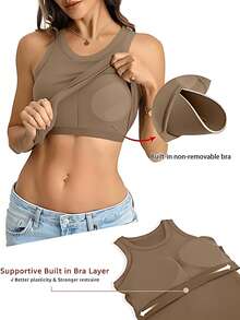 Sports Bra Vest With Non-Removable Padding - Seamless, Wire-Free Design Suitable For All Seasons, Yoga, Running, And Gym Wear. Vest With Built-In Bra, Fall Women's Wear. - Khaki - View 1