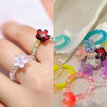 12pcs/Set Bohemian Style Artificial Crystal Beaded Rings, Glass Flower Elastic Stackable Fashion Party Jewelry Gift - 1 - View 12