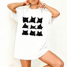 Camiseta Oversize Blanca Gatos Negros Estampados para Mujer Verano Casual - Blanco - Ver 3