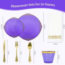 350PCS Purple Gold Plastic Plates For Party Dinnerware Sets For 50 Guests, Vintage Disposable Plastic Party Plates Cups Spoons Forks Knives Napkins For Wedding Birthday Christmas BBQ Parties - Màu tím - Xem 2